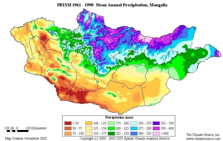 mapa de Mongolia densidade de poboación